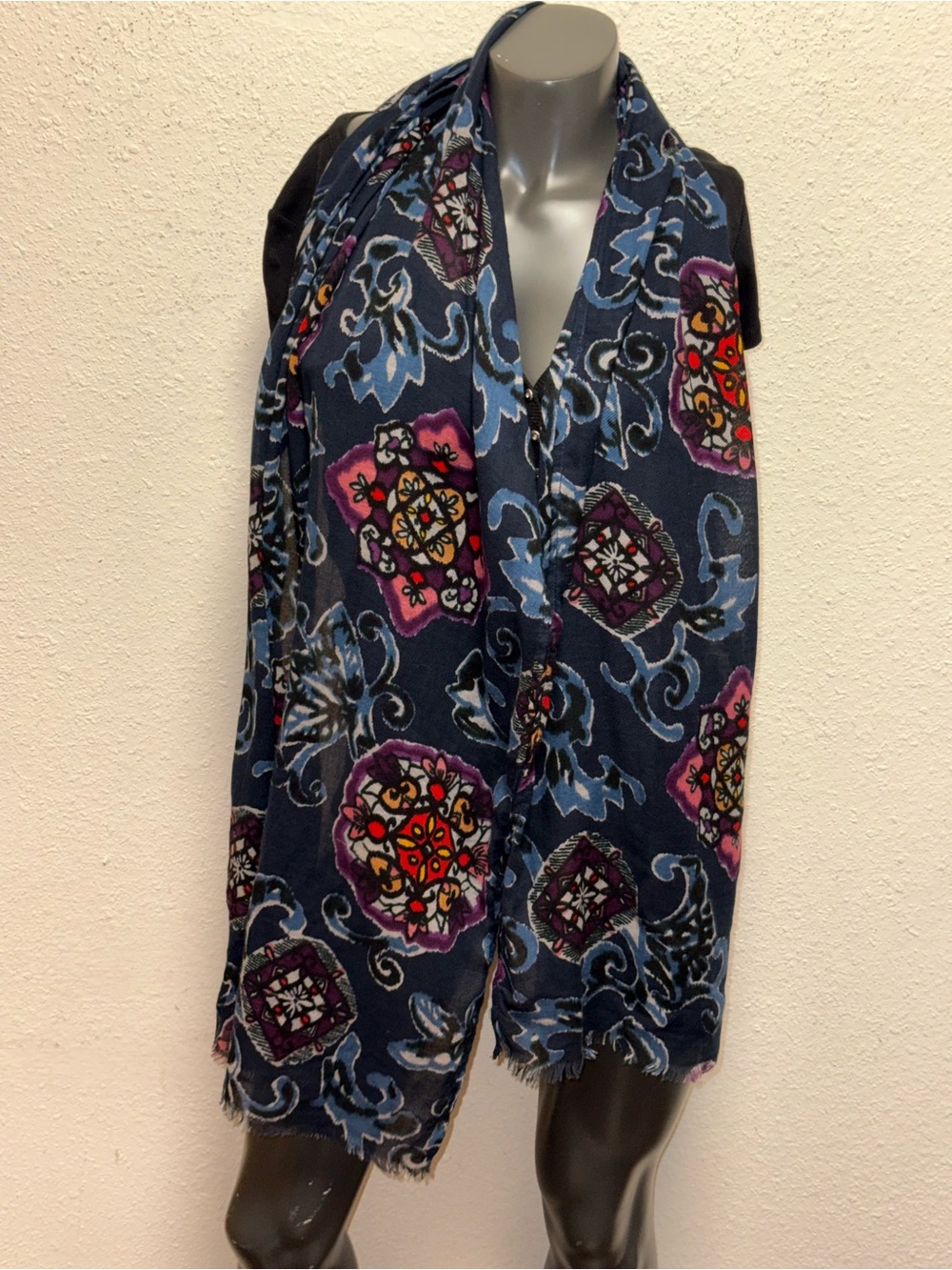 American Eagle Outfitters Navy Floral Medallion Scarf with Pink & Blue Accents